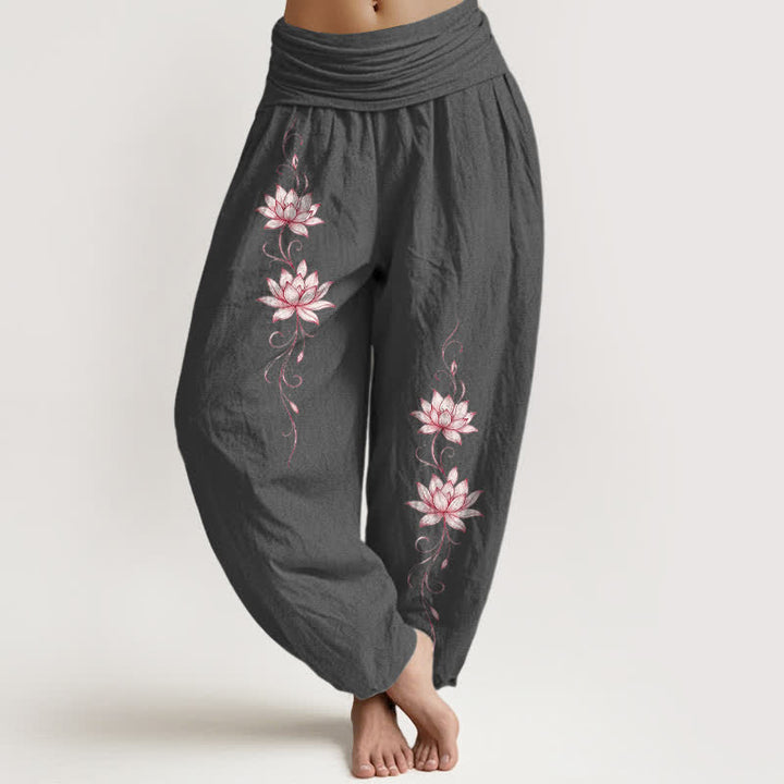 Buddha Stones Pantalon harem à taille élastique et motif fleur de lotus en pur coton pour femme - Gris sombre - US16，UK/AU20，EU48 (3XL) - image 8