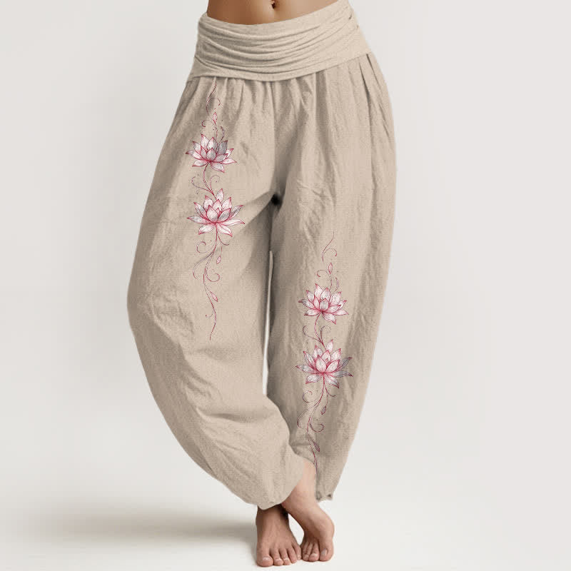 Buddha Stones Pantalon harem à taille élastique et motif fleur de lotus en pur coton pour femme - Tanné - US16，UK/AU20，EU48 (3XL) - image 14