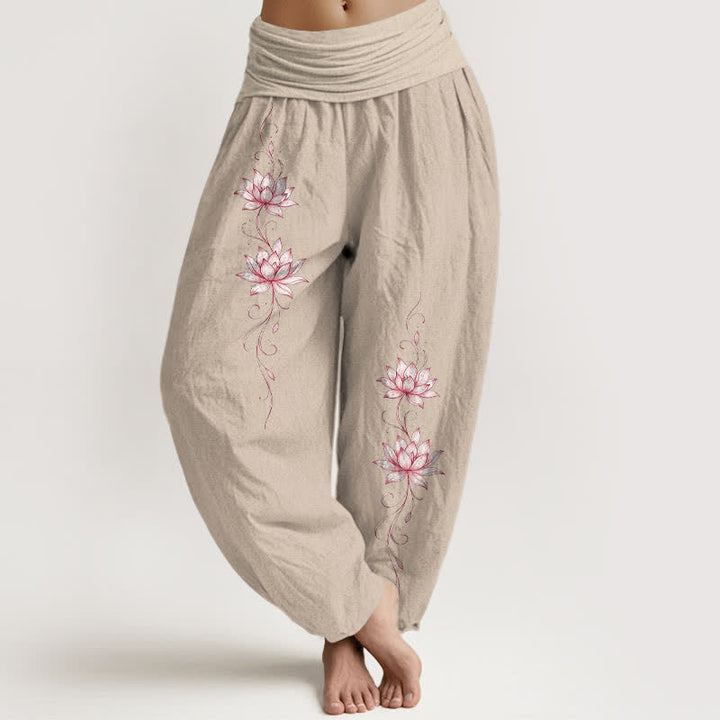 Buddha Stones Pantalon harem à taille élastique et motif fleur de lotus en pur coton pour femme - Tanné - US16，UK/AU20，EU48 (3XL) - image 14