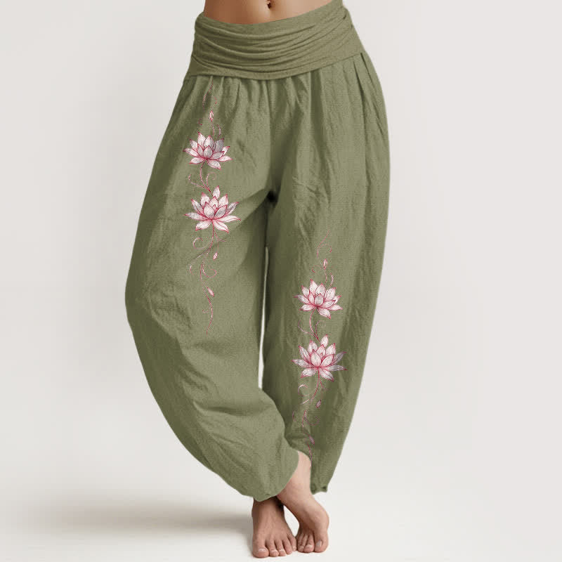 Buddha Stones Pantalon harem à taille élastique et motif fleur de lotus en pur coton pour femme - Vert olive - US16，UK/AU20，EU48 (3XL) - image 11