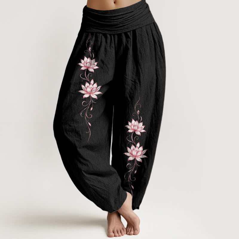 Buddha Stones Pantalon harem à taille élastique et motif fleur de lotus en pur coton pour femme - Noir - US16，UK/AU20，EU48 (3XL) - image 0