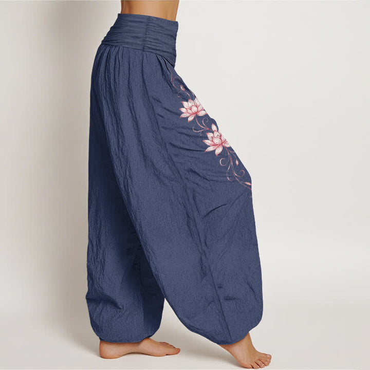 Buddha Stones Pantalon harem à taille élastique et motif fleur de lotus en pur coton pour femme - image 7
