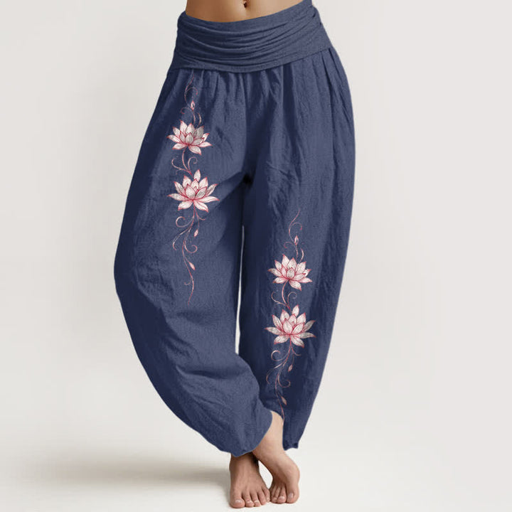 Buddha Stones Pantalon harem à taille élastique et motif fleur de lotus en pur coton pour femme - Bleu ardoise foncé - US16，UK/AU20，EU48 (3XL) - image 5