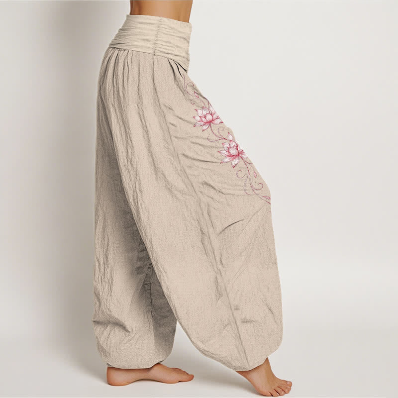 Buddha Stones Pantalon harem à taille élastique et motif fleur de lotus en pur coton pour femme - image 16