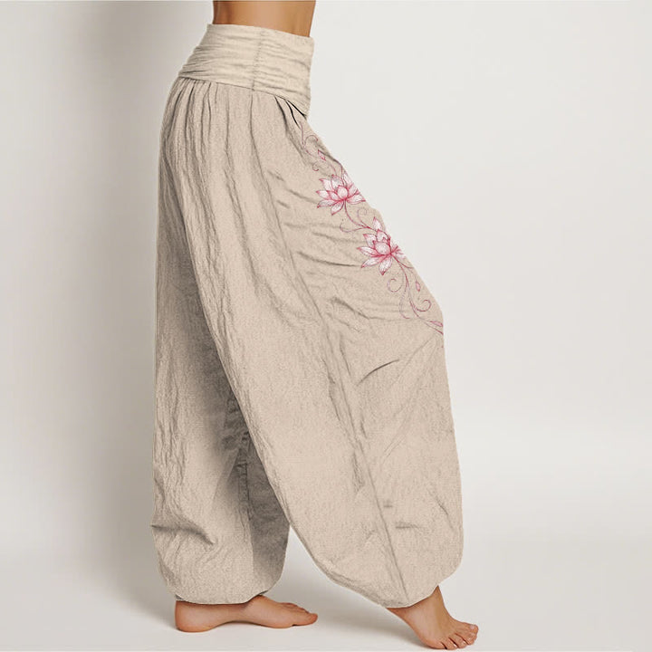 Buddha Stones Pantalon harem à taille élastique et motif fleur de lotus en pur coton pour femme - image 16