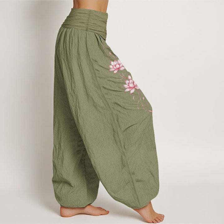 Buddha Stones Pantalon harem à taille élastique et motif fleur de lotus en pur coton pour femme - image 13