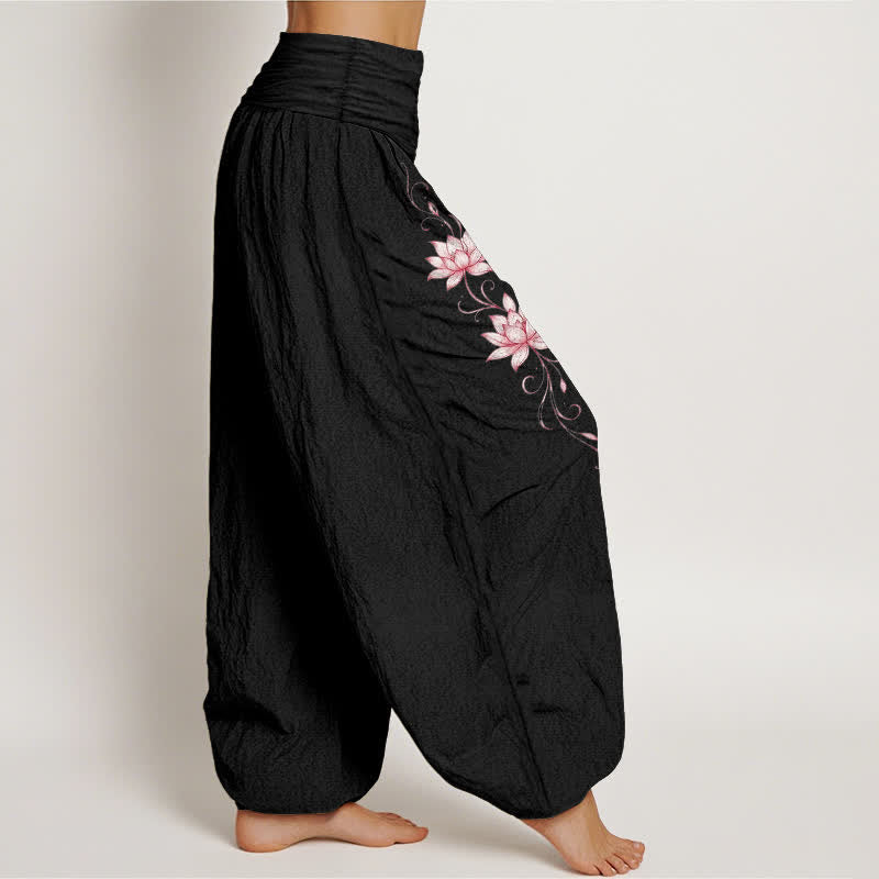 Buddha Stones Pantalon harem à taille élastique et motif fleur de lotus en pur coton pour femme - image 2
