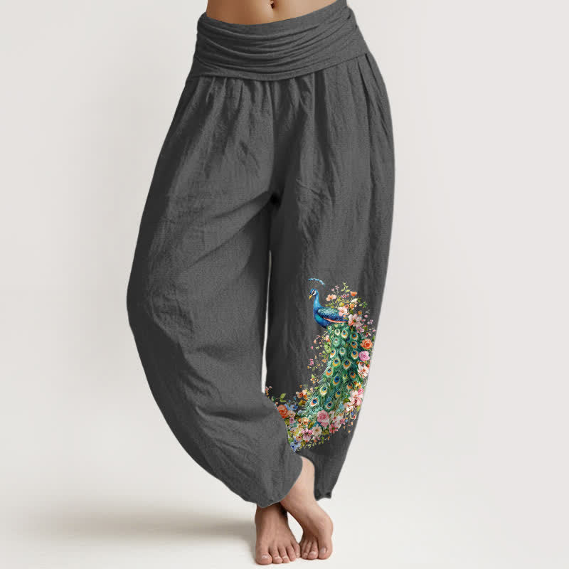 Buddha Stones Pantalon harem pour femme en pur coton à motif floral paon et taille élastique - Gris sombre - US16，UK/AU20，EU48 (3XL) - image 8