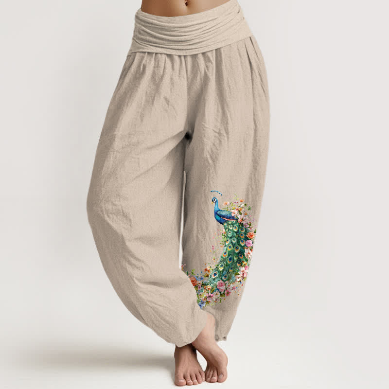 Buddha Stones Pantalon harem pour femme en pur coton à motif floral paon et taille élastique - Tanné - US16，UK/AU20，EU48 (3XL) - image 14