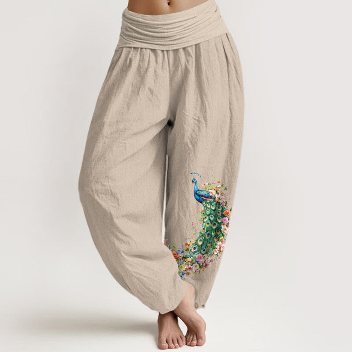 Buddha Stones Pantalon harem pour femme en pur coton à motif floral paon et taille élastique - Tanné - US16，UK/AU20，EU48 (3XL) - image 14