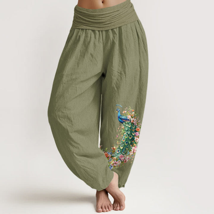 Buddha Stones Pantalon harem pour femme en pur coton à motif floral paon et taille élastique - Vert olive - US16，UK/AU20，EU48 (3XL) - image 11