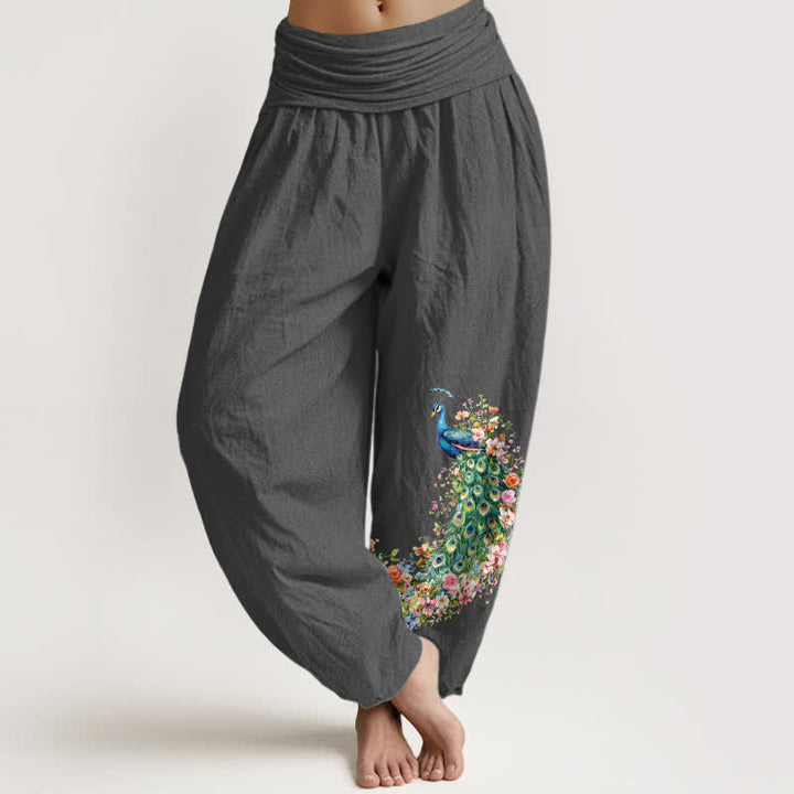 Buddha Stones Pantalon harem pour femme en pur coton à motif floral paon et taille élastique - Gris terne - US16，UK/AU20，EU48 (3XL) - image 8