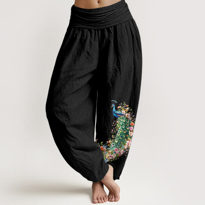 Buddha Stones Pantalon harem pour femme en pur coton à motif floral paon et taille élastique - Noir - US16，UK/AU20，EU48 (3XL) - image 0