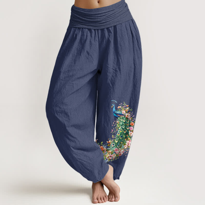 Buddha Stones Pantalon harem pour femme en pur coton à motif floral paon et taille élastique - Bleu ardoise foncé - US16，UK/AU20，EU48 (3XL) - image 5