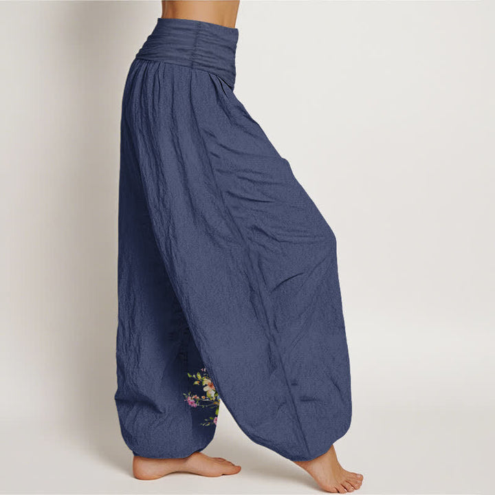 Buddha Stones Pantalon harem pour femme en pur coton à motif floral paon et taille élastique - image 7