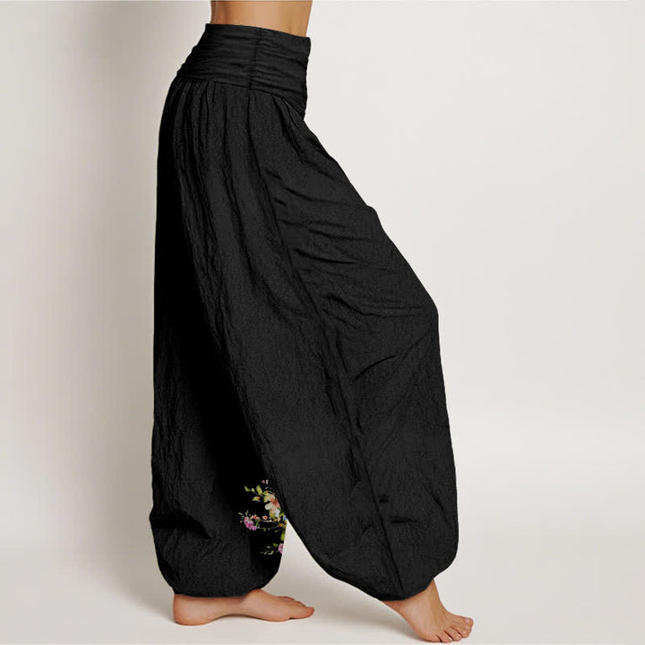 Buddha Stones Pantalon harem pour femme en pur coton à motif floral paon et taille élastique - image 2