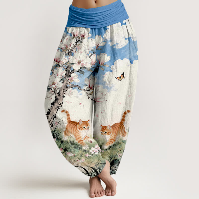 Buddha Stones Pantalon harem à taille élastique pour femme, en pur coton, motif chats tigrés orange magnolia - Bleuet - US16，UK/AU20，EU48 (3XL) - image 0