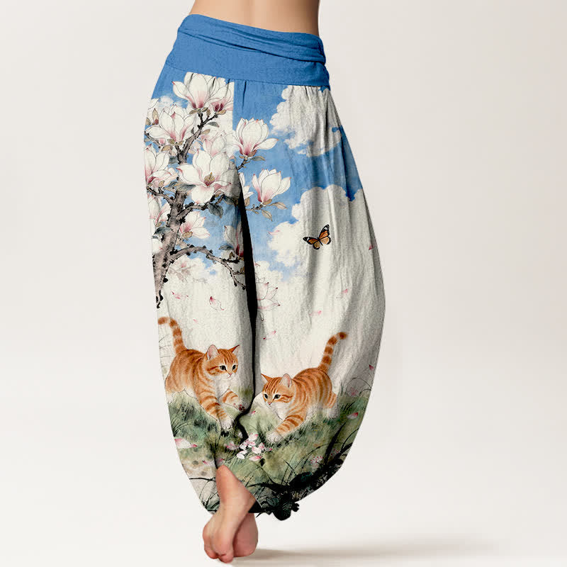 Buddha Stones Pantalon harem à taille élastique pour femme, en pur coton, motif chats tigrés orange magnolia - image 1