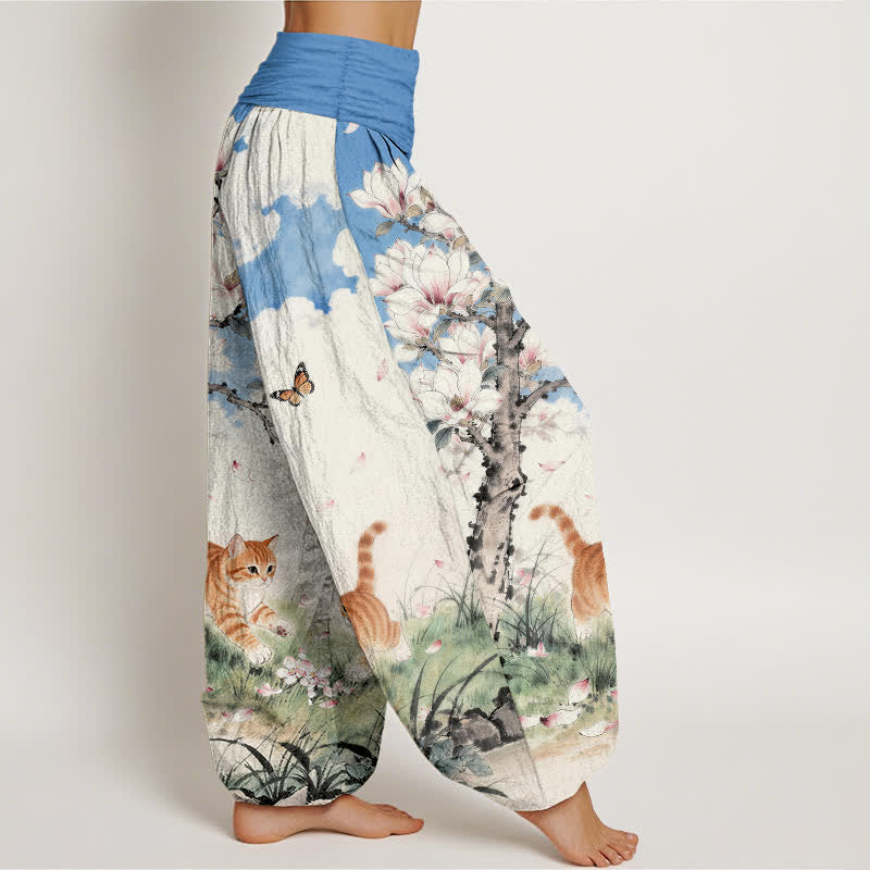 Buddha Stones Pantalon harem à taille élastique pour femme, en pur coton, motif chats tigrés orange magnolia - image 2