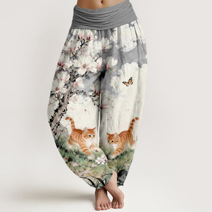 Buddha Stones Pantalon harem à taille élastique pour femme, en pur coton, motif chats tigrés orange magnolia - Gris - US16，UK/AU20，EU48 (3XL) - image 5