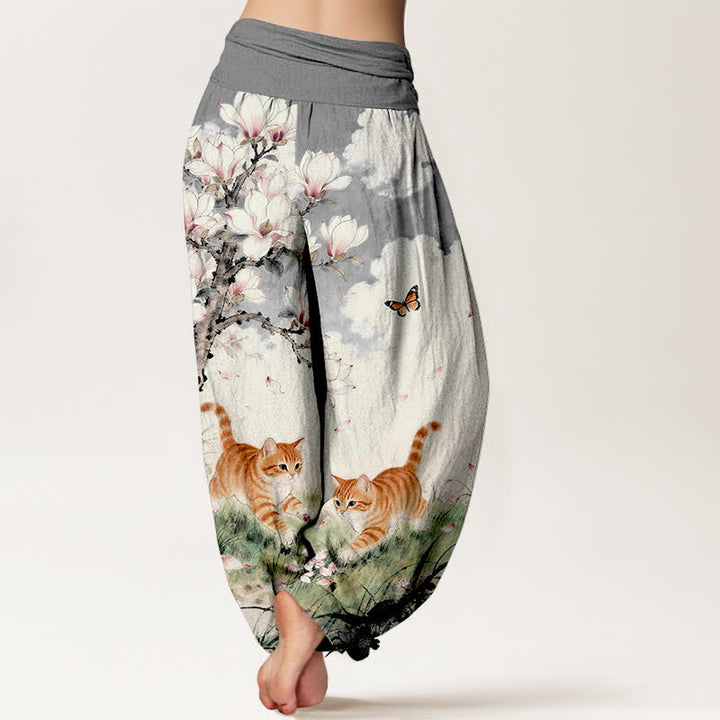 Buddha Stones Pantalon harem à taille élastique pour femme, en pur coton, motif chats tigrés orange magnolia - image 6