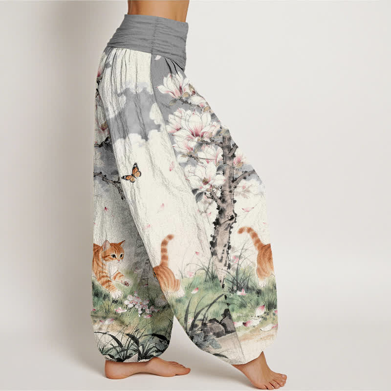 Buddha Stones Pantalon harem à taille élastique pour femme, en pur coton, motif chats tigrés orange magnolia - image 7