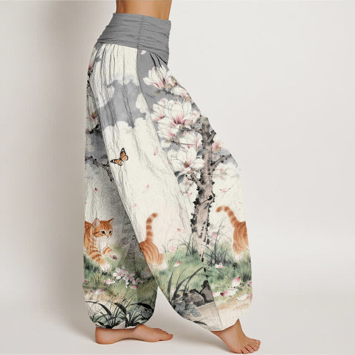 Buddha Stones Pantalon harem à taille élastique pour femme, en pur coton, motif chats tigrés orange magnolia - image 7