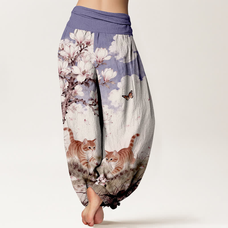 Buddha Stones Pantalon harem à taille élastique pour femme, en pur coton, motif chats tigrés orange magnolia - image 9
