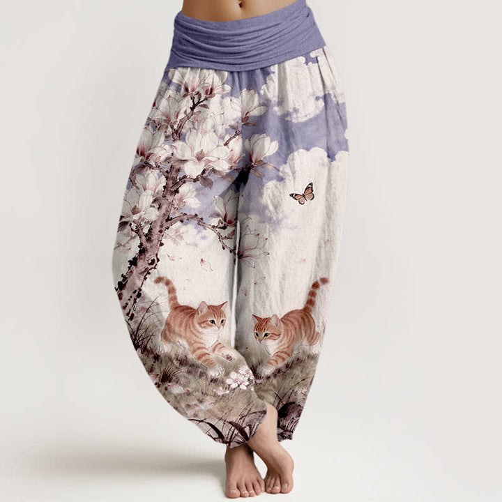 Buddha Stones Pantalon harem à taille élastique pour femme, en pur coton, motif chats tigrés orange magnolia - Lavande - US16，UK/AU20，EU48 (3XL) - image 8