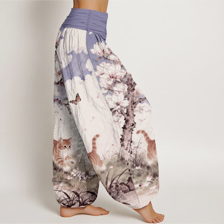 Buddha Stones Pantalon harem à taille élastique pour femme, en pur coton, motif chats tigrés orange magnolia - image 10