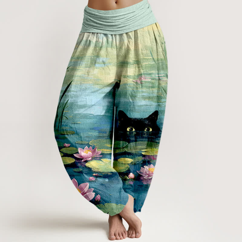 Buddha Stones Pantalon harem à taille élastique pour femme, motif chat et lotus dans un étang, en coton - Turquoise moyen - US16，UK/AU20，EU48 (3XL) - image 0