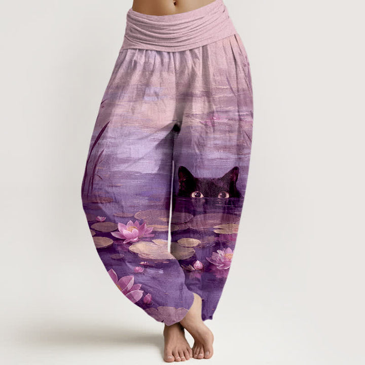 Buddha Stones Pantalon harem à taille élastique pour femme, motif chat et lotus dans un étang, en coton - Violet moyen - US16，UK/AU20，EU48 (3XL) - image 5