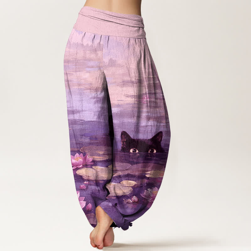 Buddha Stones Pantalon harem à taille élastique pour femme, motif chat et lotus dans un étang, en coton - image 6