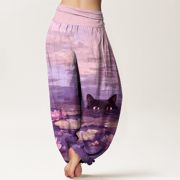 Buddha Stones Pantalon harem à taille élastique pour femme, motif chat et lotus dans un étang, en coton - image 6