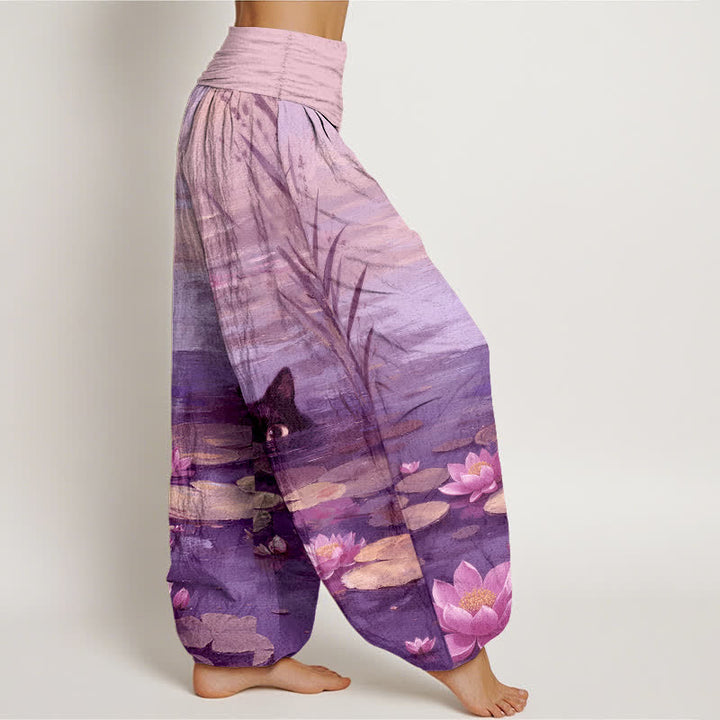 Buddha Stones Pantalon harem à taille élastique pour femme, motif chat et lotus dans un étang, en coton - image 7