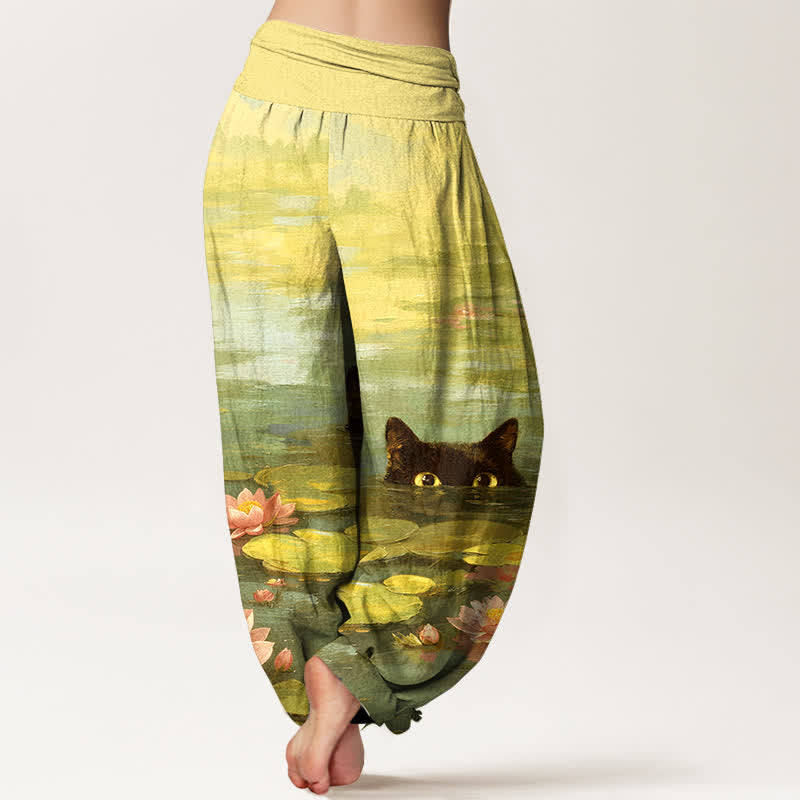 Buddha Stones Pantalon harem à taille élastique pour femme, motif chat et lotus dans un étang, en coton - image 9
