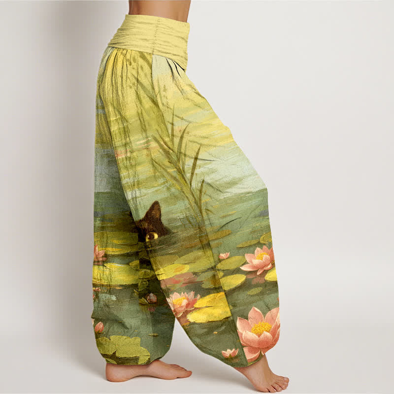 Buddha Stones Pantalon harem à taille élastique pour femme, motif chat et lotus dans un étang, en coton - image 10