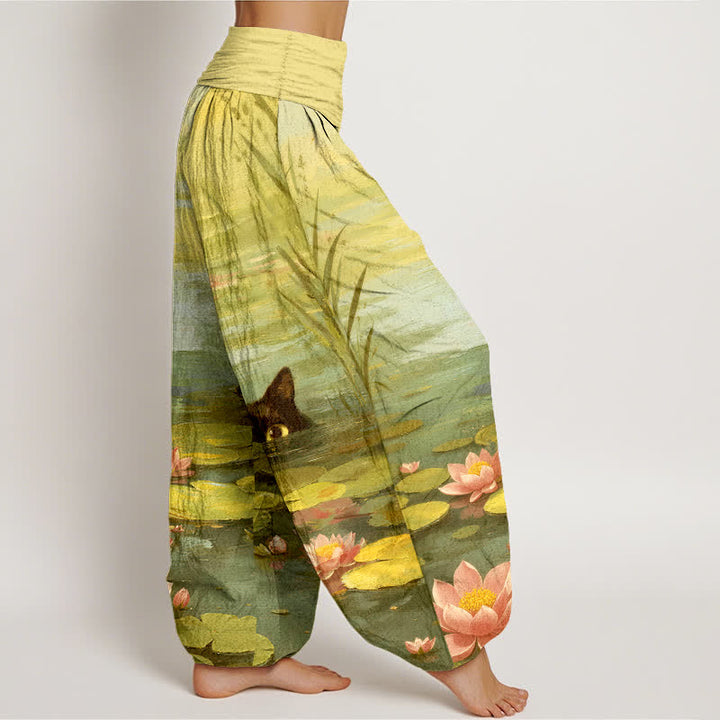 Buddha Stones Pantalon harem à taille élastique pour femme, motif chat et lotus dans un étang, en coton - image 10