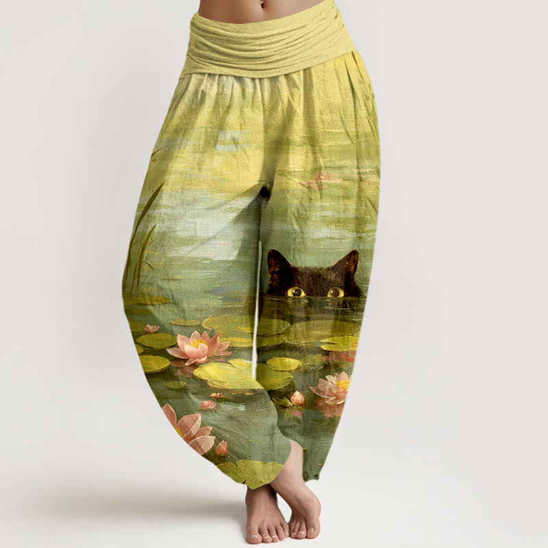 Buddha Stones Pantalon harem à taille élastique pour femme, motif chat et lotus dans un étang, en coton - JauneVert - US16，UK/AU20，EU48 (3XL) - image 8