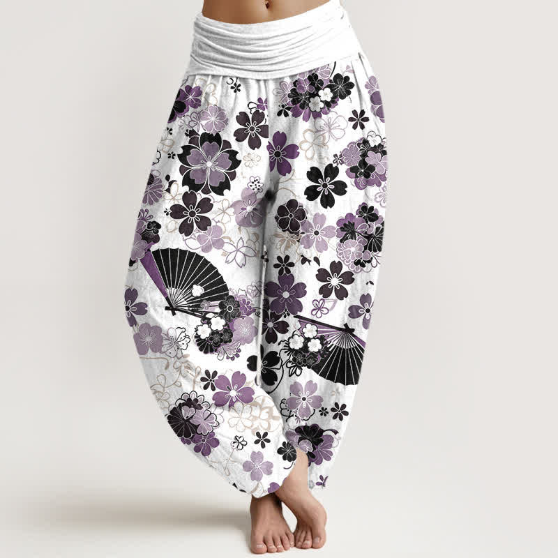 Buddha Stones Pantalon harem à taille élastique pour femme, en coton à motif floral de fleurs de cerisier. - Chardon - US16，UK/AU20，EU48 (3XL) - image 0