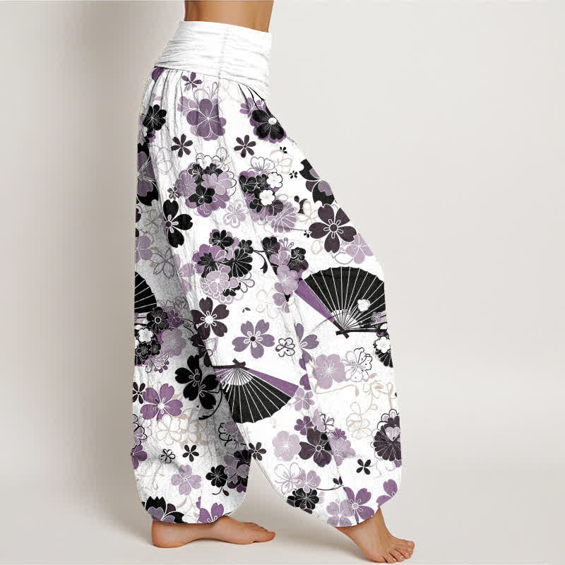 Buddha Stones Pantalon harem à taille élastique pour femme, en coton à motif floral de fleurs de cerisier. - image 2