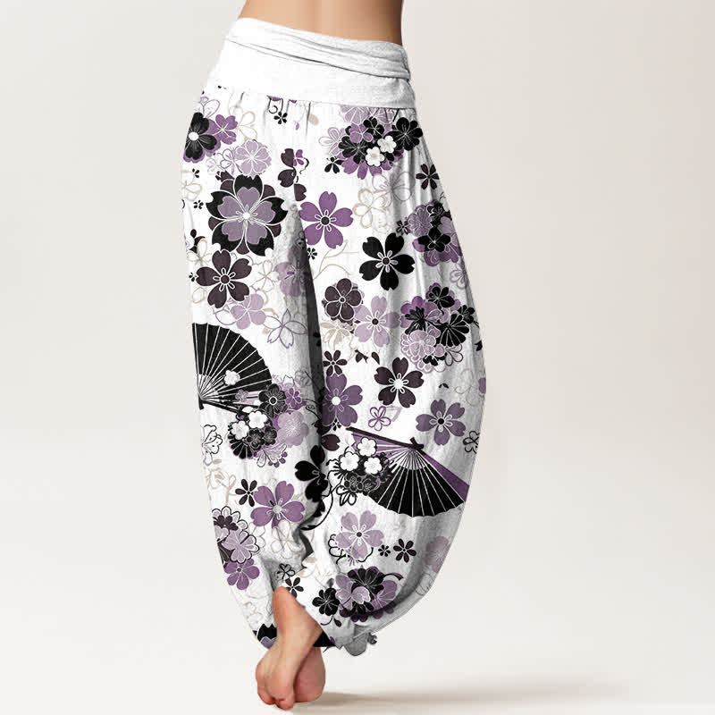 Buddha Stones Pantalon harem à taille élastique pour femme, en coton à motif floral de fleurs de cerisier. - image 1