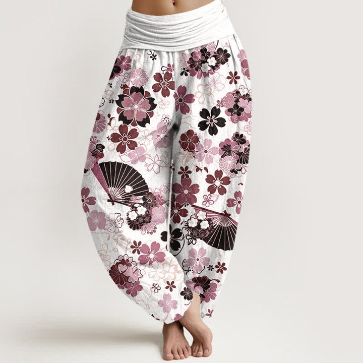 Buddha Stones Pantalon harem à taille élastique pour femme, en coton à motif floral de fleurs de cerisier. - RosyBrown - US16，UK/AU20，EU48 (3XL) - image 5