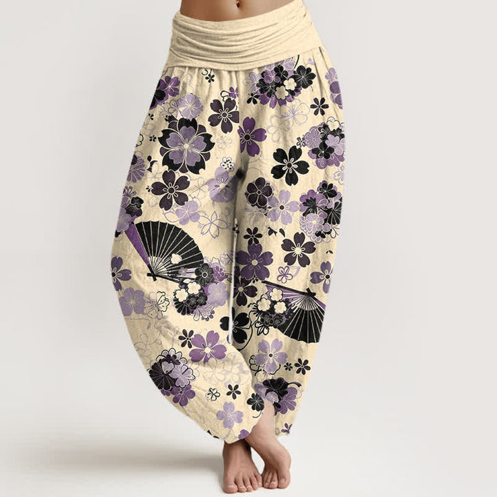 Buddha Stones Pantalon harem à taille élastique pour femme, en coton à motif floral de fleurs de cerisier. - soie de maïs - US16，UK/AU20，EU48 (3XL) - image 8