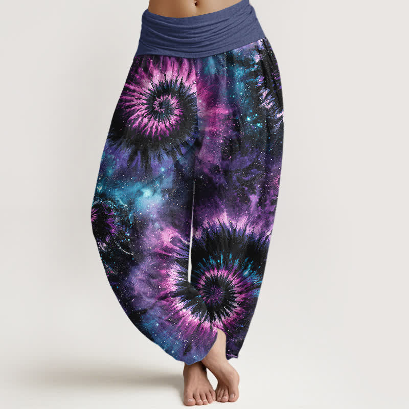 Buddha Stones Pantalon harem pour femme en pur coton à motif spirale cosmique et taille élastique - Violet - US16，UK/AU20，EU48 (3XL) - image 0