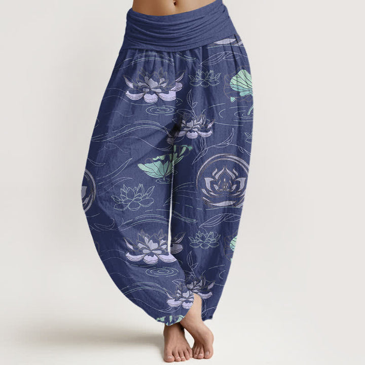Buddha Stones Pantalon harem à taille élastique pour femme, motif lotus ondulé en coton - Marine - US16，UK/AU20，EU48 (3XL) - image 0