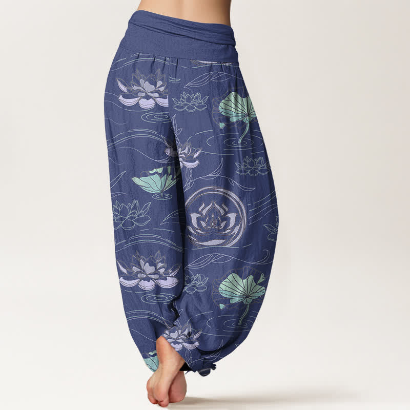 Buddha Stones Pantalon harem à taille élastique pour femme, motif lotus ondulé en coton - image 1