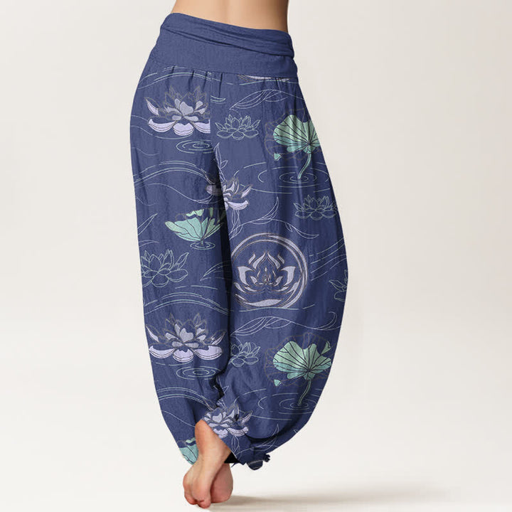 Buddha Stones Pantalon harem à taille élastique pour femme, motif lotus ondulé en coton - image 1