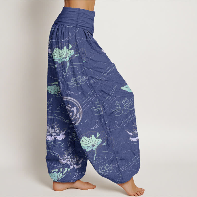 Buddha Stones Pantalon harem à taille élastique pour femme, motif lotus ondulé en coton - image 2