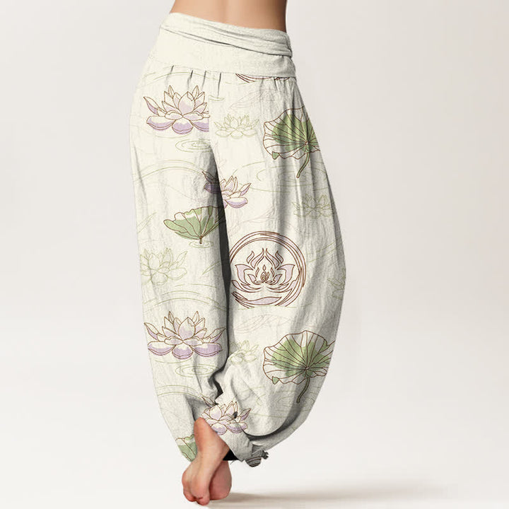 Buddha Stones Pantalon harem à taille élastique pour femme, motif lotus ondulé en coton - image 6